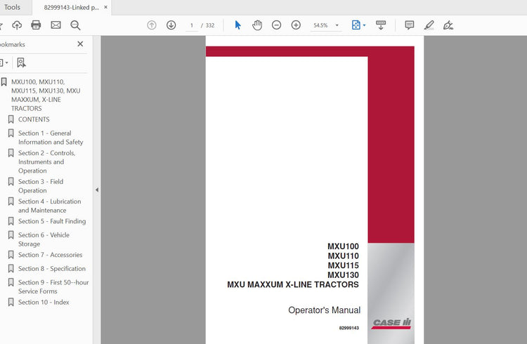 CASE IH TRACTOR MXU 100,110,115,130 MXU MAXXUM X-LINE 82999143 OPERATOR’S MANUAL - PDF FILE