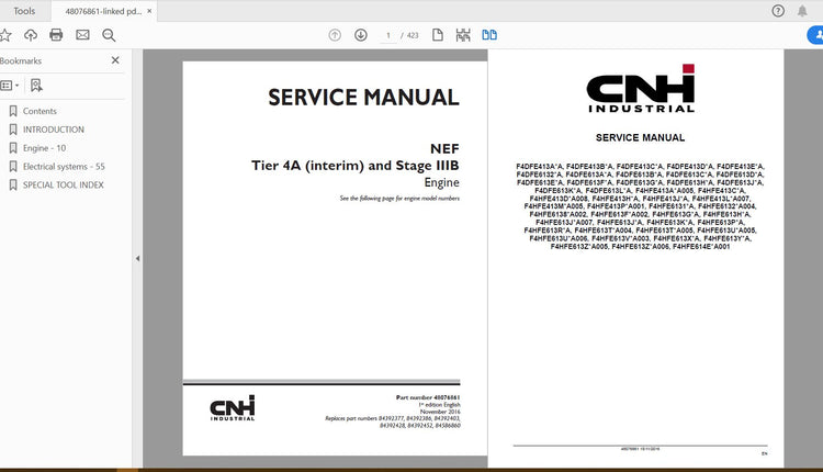 CASE IH Tractor NEF Tier 4A (Interim), Stage IIIB Engine Service Manual 48076861 – PDF
