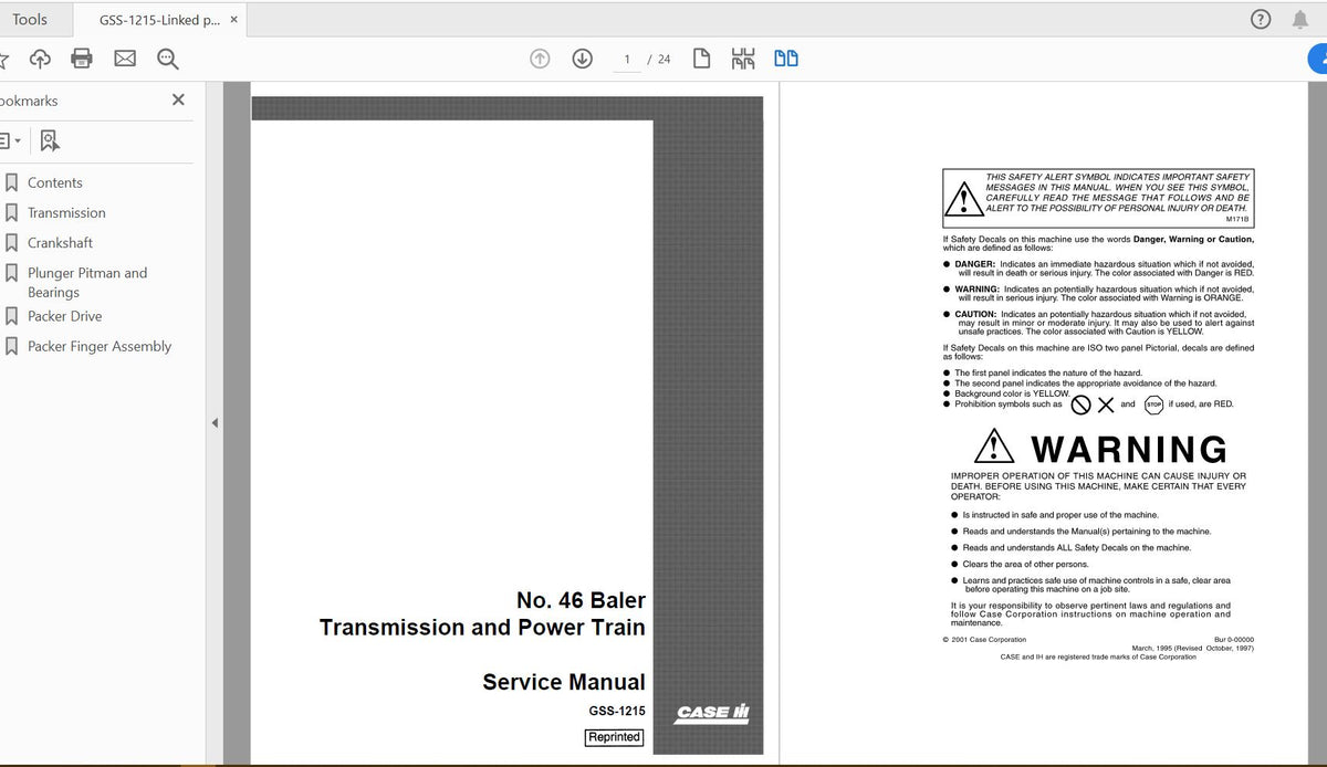 CASE IH No. 46 Baler Transmission & Power Train Service Manual GSS-1215 PDF