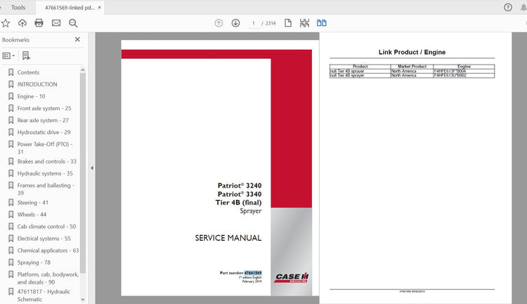 CASE IH TRACTOR PATRIOT 3240, PATRIOT 3340 TIER 4B (FINAL) SPRAYER – COMPLETE SERVICE MANUAL 47661569 - PDF FILE