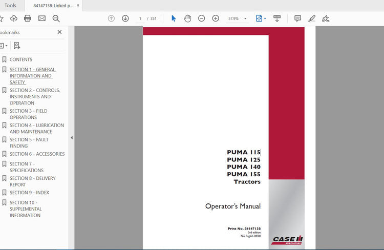 CASE IH TRACTOR PUMA 115,125,140,155 84147138 OPERATOR’S MANUAL - PDF FILE