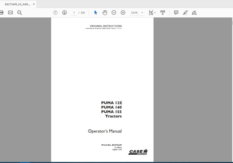 CASE IH TRACTOR PUMA 125,140,155 84273449 OPERATOR’S MANUAL - PDF FILE
