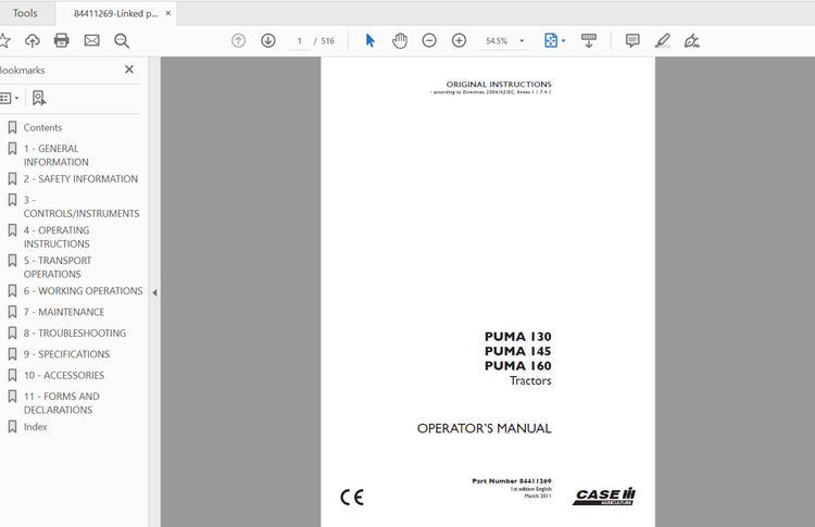 CASE IH TRACTOR PUMA 130,145,160 84411269 OPERATOR’S MANUAL - PDF FILE