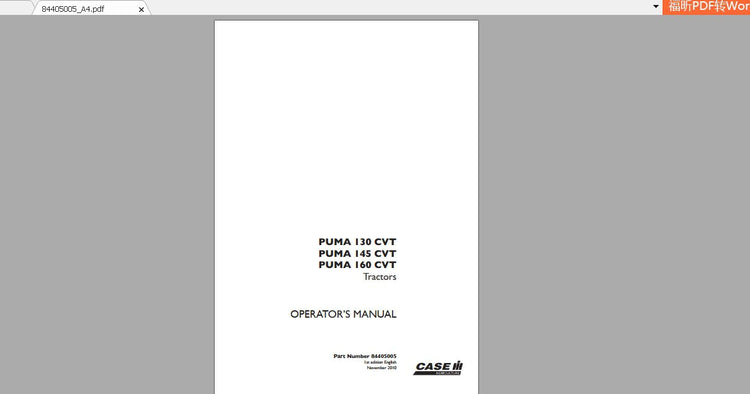 Case IH Puma 130, 145, 160 CVT (Part No. 84405005) Operator's Manual - PDF