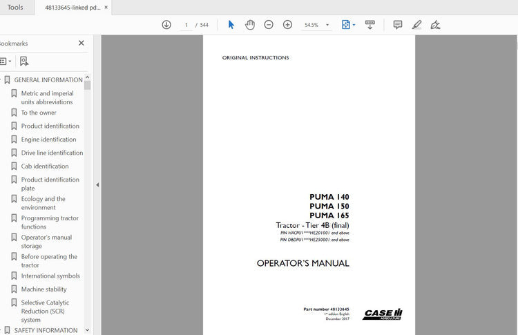 CASE IH TRACTOR PUMA 140,150,165 48133645 OPERATOR’S MANUAL - PDF FILE