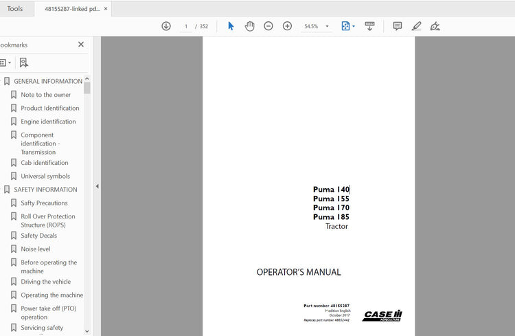 CASE IH TRACTOR PUMA 140,155,170,185 48155287 OPERATOR’S MANUAL - PDF FILE
