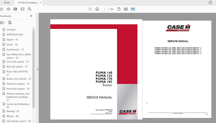 CASE IH TRACTOR PUMA 140, PUMA 155, PUMA 170, PUMA 185 SERVICE MANUAL 47770517A - PDF FILE