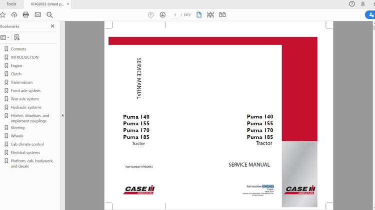 CASE IH TRACTOR PUMA 140, PUMA 155, PUMA 170, PUMA 185 SWB SERVICE MANUAL 47402693 - PDF FILE