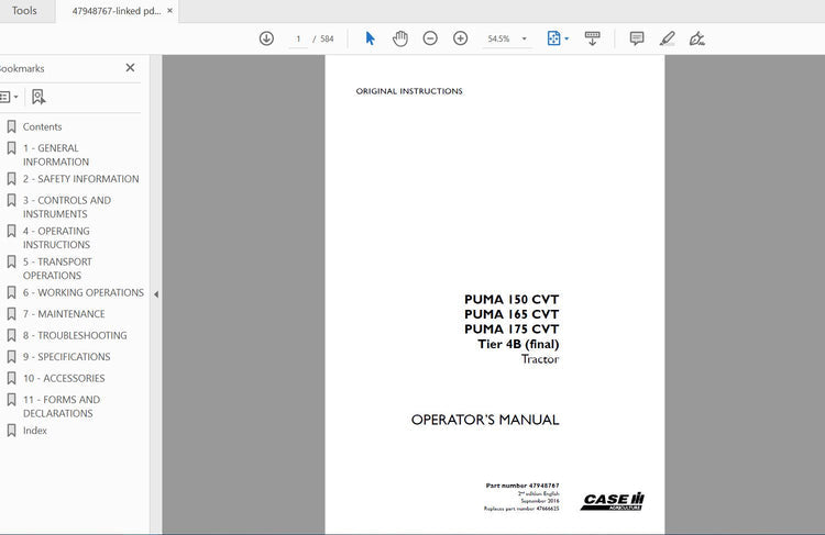 CASE IH TRACTOR PUMA 150 CVT,165 CVT,175 CVT TIER 4B 47948767 OPERATOR’S MANUAL - PDF FILE