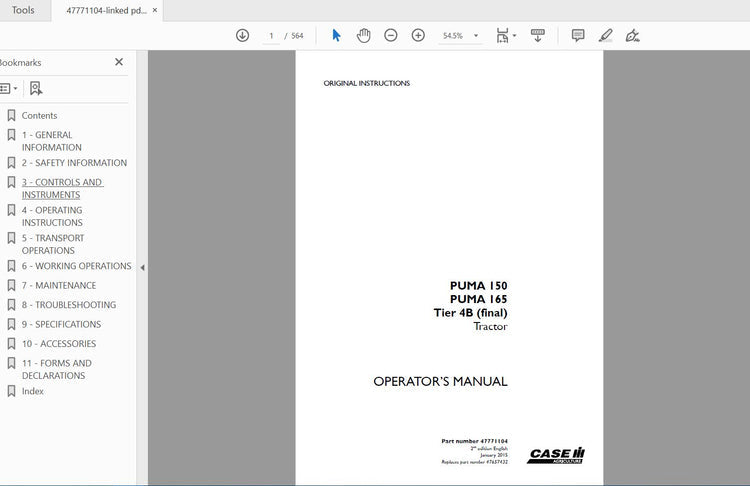 CASE IH Tractor Puma 150, Puma 165 Tier 4B 47771104 Operator’s Manual – PDF File
