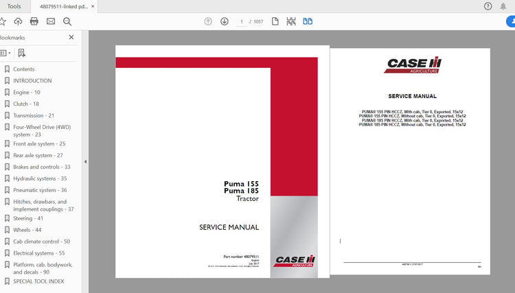 CASE IH TRACTOR PUMA 155, PUMA 185 SERVICE MANUAL 48079511 - PDF FILE