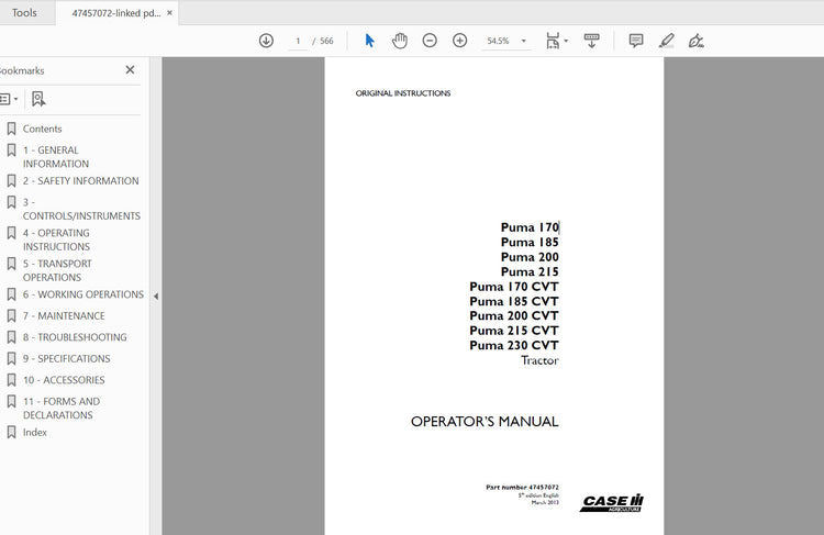 CASE IH TRACTOR PUMA 170_170CVT, 185_185CVT, 200_200CVT, 215_215CVT, 230CVT 47457072 OPERATOR’S MANUAL - PDF FILE