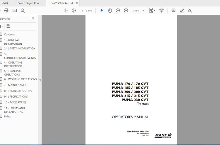 CASE IH TRACTOR PUMA 170, 170 CVT, 185, 185 CVT, 200, 200 CVT, 215,215 CVT, 230 CVT 84601560 OPERATOR’S MANUAL - PDF FILE