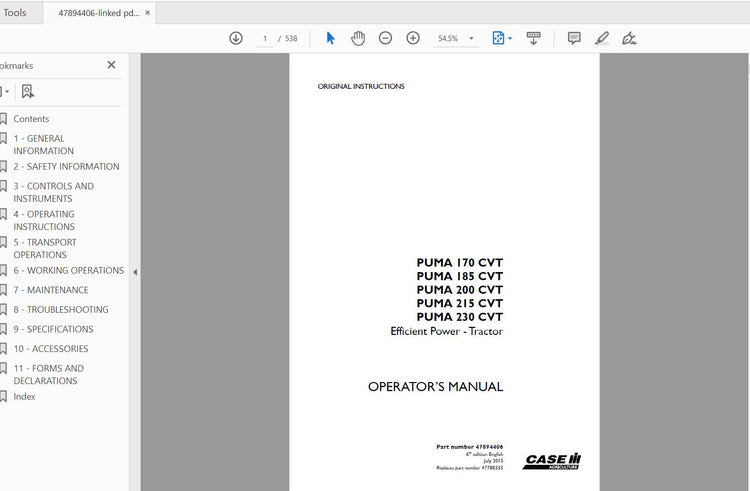 CASE IH TRACTOR PUMA 170 CVT,185 CVT,20A0 CVT,215 CVT,230 CVT EFFICIENT POWER 47894406 OPERATOR’S MANUAL - PDF FILE