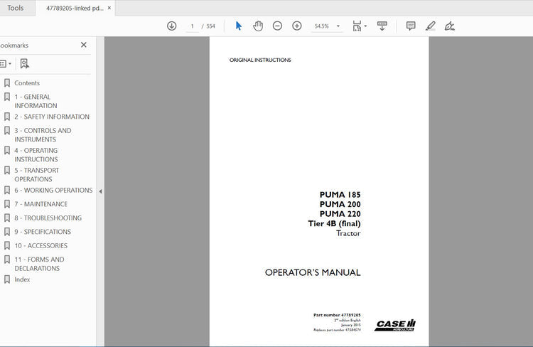 CASE IH TRACTOR PUMA 185,PUMA 200,PUMA 220 TIER 4B (FINAL) 47789205 OPERATOR’S MANUAL - PDF FILE
