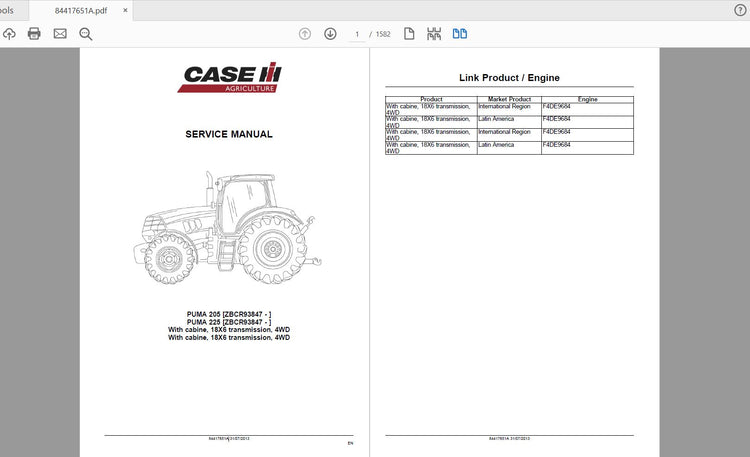 CASE IH TRACTOR PUMA 205, PUMA 225 BRAZIL BUILT SERVICE MANUAL 84417651A - PDF FILE