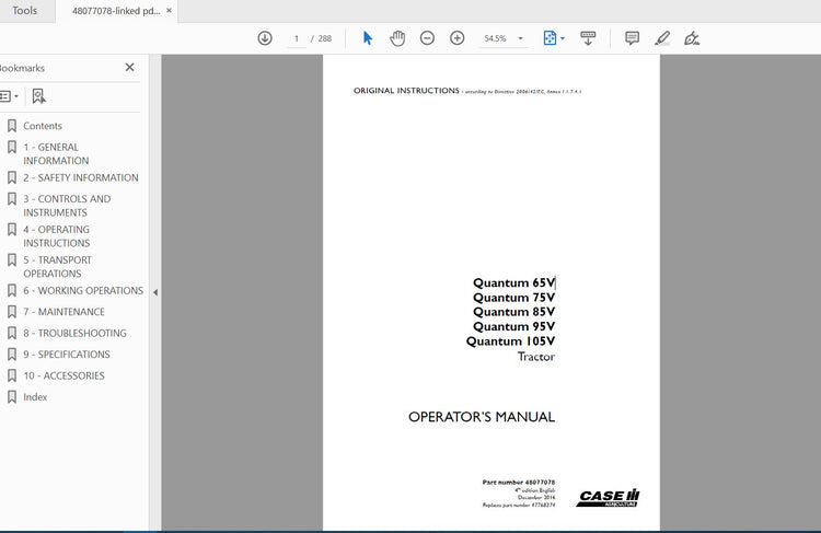 CASE IH TRACTOR QUANTUM 65V,75V,85V,95V,105V 48077078 OPERATOR’S MANUAL - PDF FILE