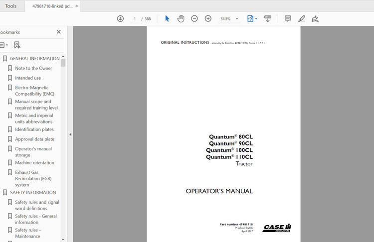 CASE IH TRACTOR QUANTUM 80CL,90CL,100CL,110CL 47981718 OPERATOR’S MANUAL - PDF FILE