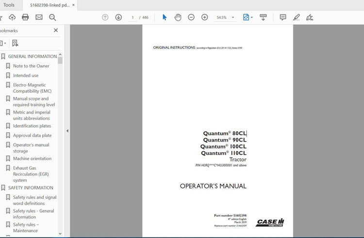 CASE IH TRACTOR QUANTUM 80CL,90CL,100CL,110CL 51602398 OPERATOR’S MANUAL - PDF FILE