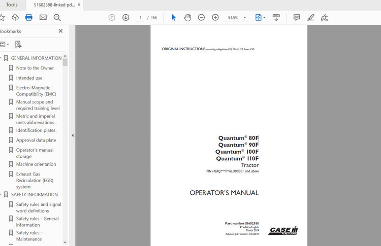 CASE IH TRACTOR QUANTUM 80F,90F,100F,110F 51602388 OPERATOR’S MANUAL - PDF FILE