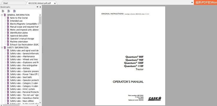 CASE IH TRACTOR QUANTUM 80F 90F 100F 110F TRACTOR 48132361 OPERATOR’S MANUAL - PDF FILE