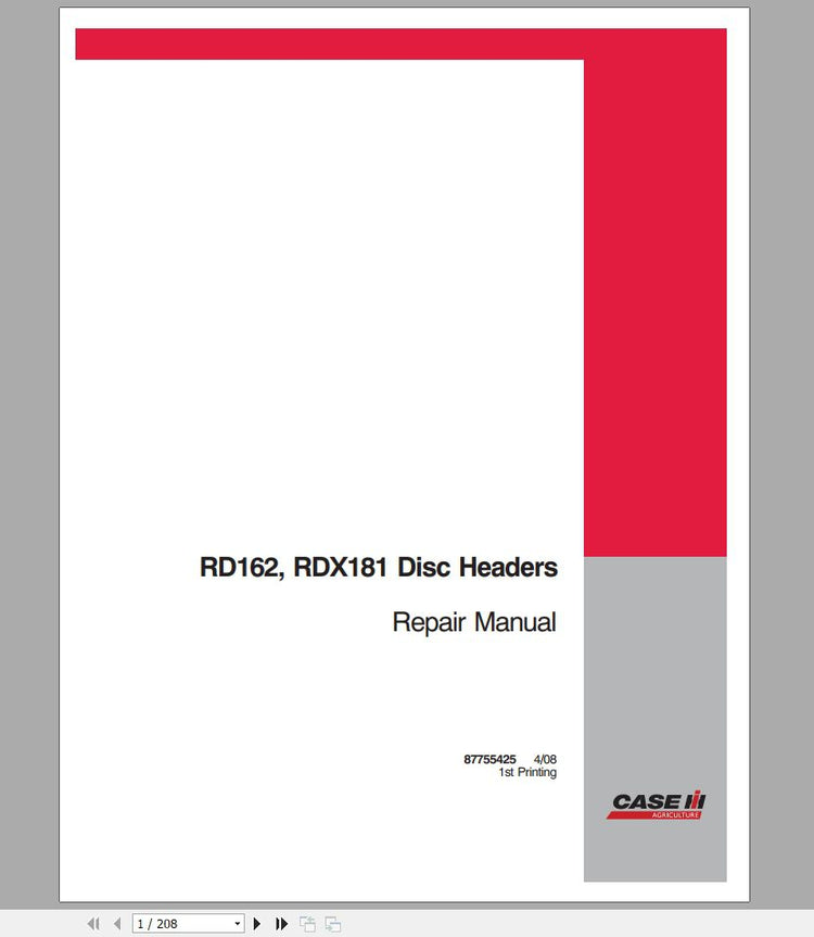 CASE IH TRACTOR RDX162, RDX181 DISC HEADERS REPAIR MANUAL 87755425 - PDF FILE