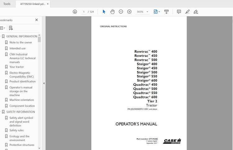 CASE IH TRACTOR ROWTRAC 400,450,500 STEIGER 400,450,500,550,600 QUADTRAC 450,500,550,600 TIER 2 47739250 OPERATOR’S MANUAL - PDF FILE