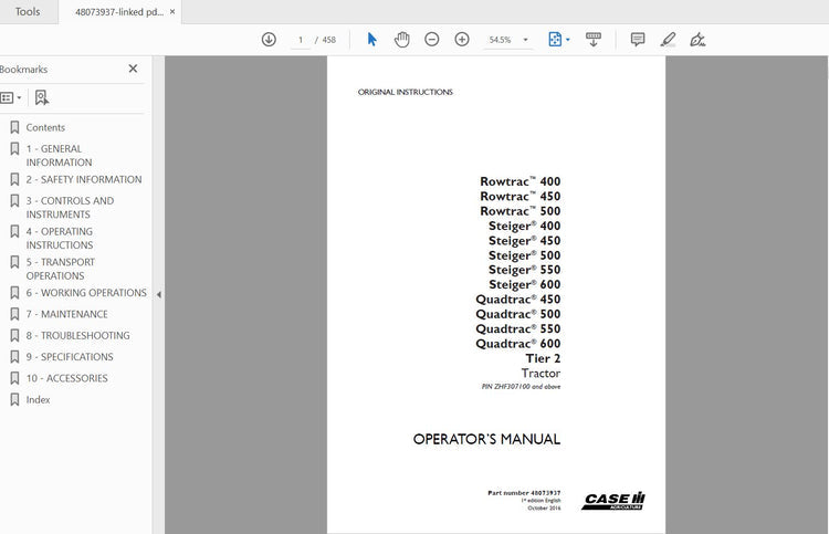 CASE IH TRACTOR ROWTRAC 400,450,500 STEIGER 400,450,500,550,600 QUADTRAC 450,500,550,600 TIER 2 48073937 OPERATOR’S MANUAL - PDF FILE