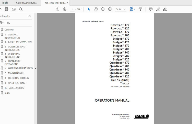 CASE IH TRACTOR ROWTRAC STEIGER QUADTRAC 370, 420, 470, 500,580, 620 TIER 4B (FINAL) 48073926 OPERATOR’S MANUAL - PDF FILE