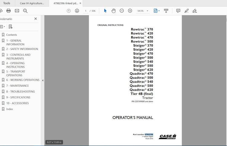 CASE IH TRACTOR ROWTRAC STEIGER QUADTRAC 470, 500, 540, 580, 620 TIER 4B (FINAL) 47982396 OPERATOR’S MANUAL - PDF FILE
