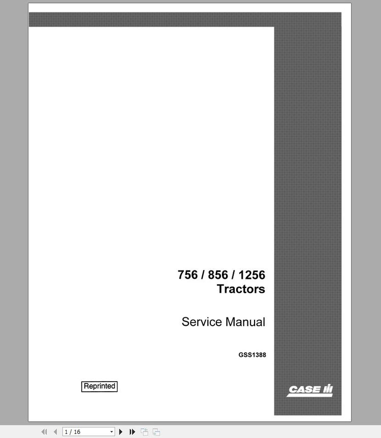 Case IH 756, 856, 1256 Tractor Specifications & Adjustment Procedure Service Manual (GSS1388)