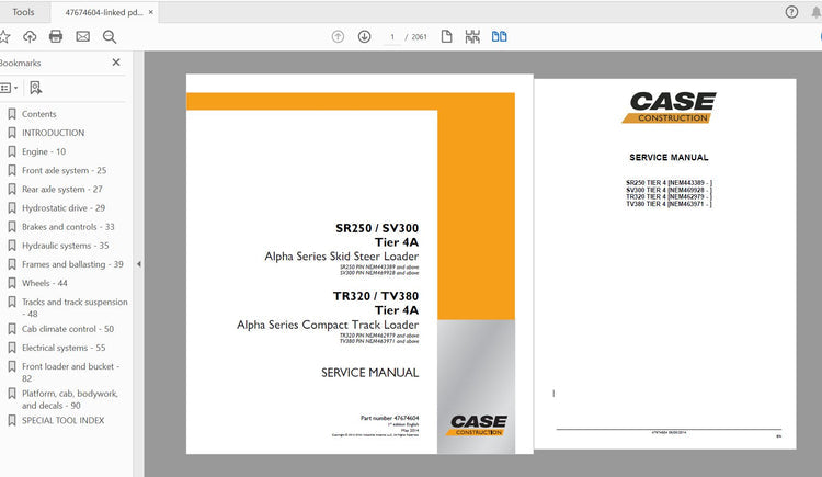 CASE IH TRACTOR SR250, SV300 TIER 4A ALPHA SERIES SKID STEER LOADER SERVICE MANUAL 47674604 - PDF FILE
