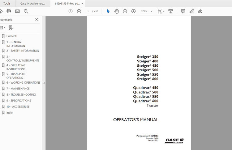 CASE IH TRACTOR STEIGER 350,400,450,500,550,600, QUADTRAC 450,500 84295152 OPERATOR’S MANUAL - PDF FILE