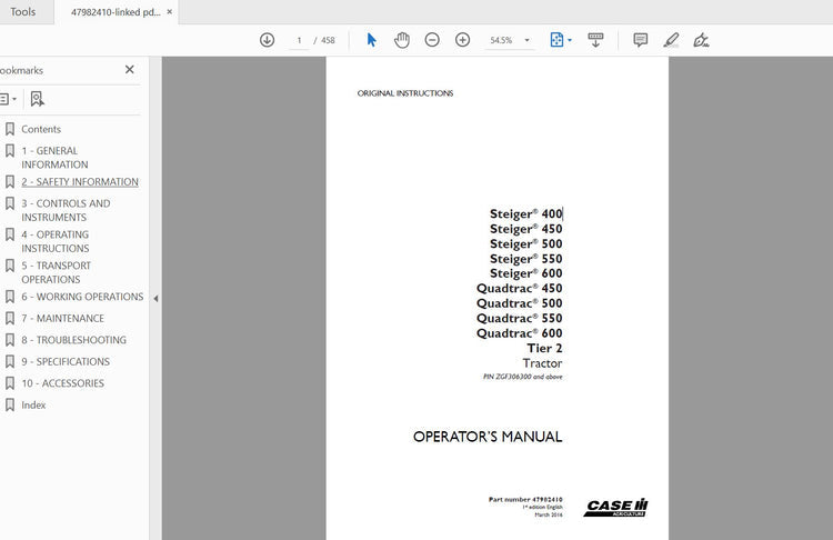 CASE IH TRACTOR STEIGER 400,450,500,550,600 QUATRAC 450,500,550,600 TIER 2 47982410 OPERATOR’S MANUAL - PDF FILE
