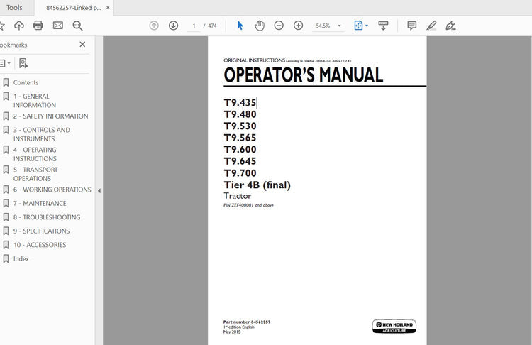 CASE IH TRACTOR T9.435,480,530,565,600,645,700 TIER 4B 84562257 OPERATOR’S MANUAL - PDF FILE