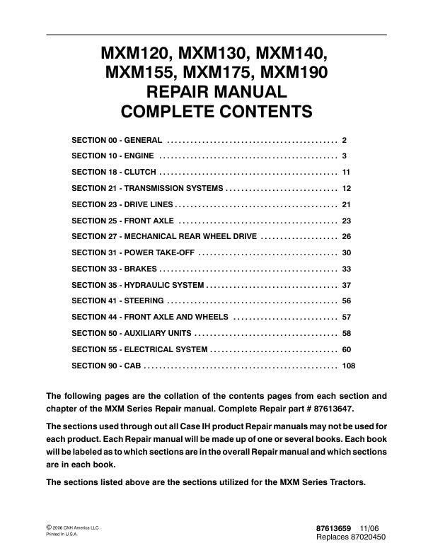 CASE MXM120, MXM130, MXM140, MXM155, MXM175, MXM190 REPAIR MANUAL 87613659 PDF FILE