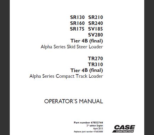 CASE SR130, SR210, SR160, SR240, SR175, SV185, SV280 TIER 4B (FINAL) ALPHA SERIES SKID STEER LOADER, TR270, TR310 TIER 4B (FINAL) ALPHA SERIES COMPACT TRACK LOADER OPERATOR’S MANUAL - PDF FILE