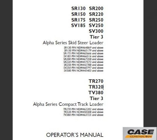 CASE SR130 / SR200 / SR150 / SR220 / SR175 / SR250 / SV185 / SV250 / SV300 TIER 3 ALPHA SERIES SKID STEER LOADER, TR270 / TR320 / TV380 TIER 3 ALPHA SERIES COMPACT TRACK LOADER OPERATOR’S MANUAL - PFD FILE