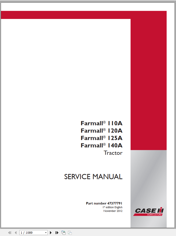 CASE TRACTOR 110, 120, 125, 140 A SERVICE MANUAL 47377791 - PDF FILE