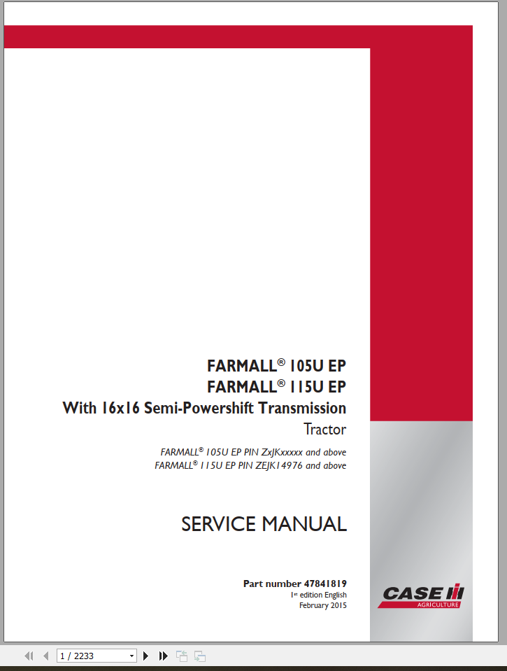 CASE TRACTOR FARMALL 105 115 U EP SERVICE MANUAL - PDF FILE