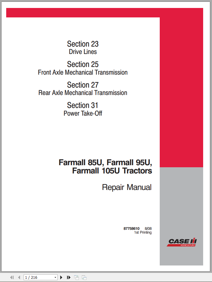 CASE TRACTOR FARMALL 85, 95, 105 U REPAIR MANUAL - PDF FILE