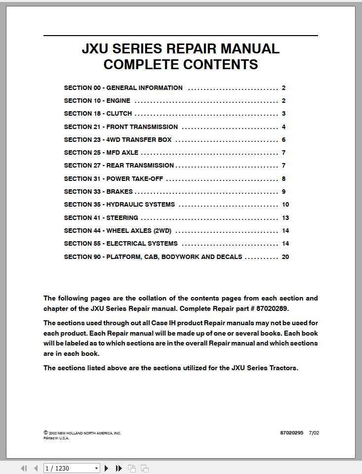 CASE TRACTOR JXU SERIES REPAIR MANUAL 87020289 - PDF FILE