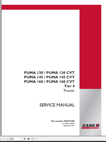 CASE TRACTOR PUMA 130, 145, 160 CVT TIER 4 SERVICE MANUAL - PDF FILE