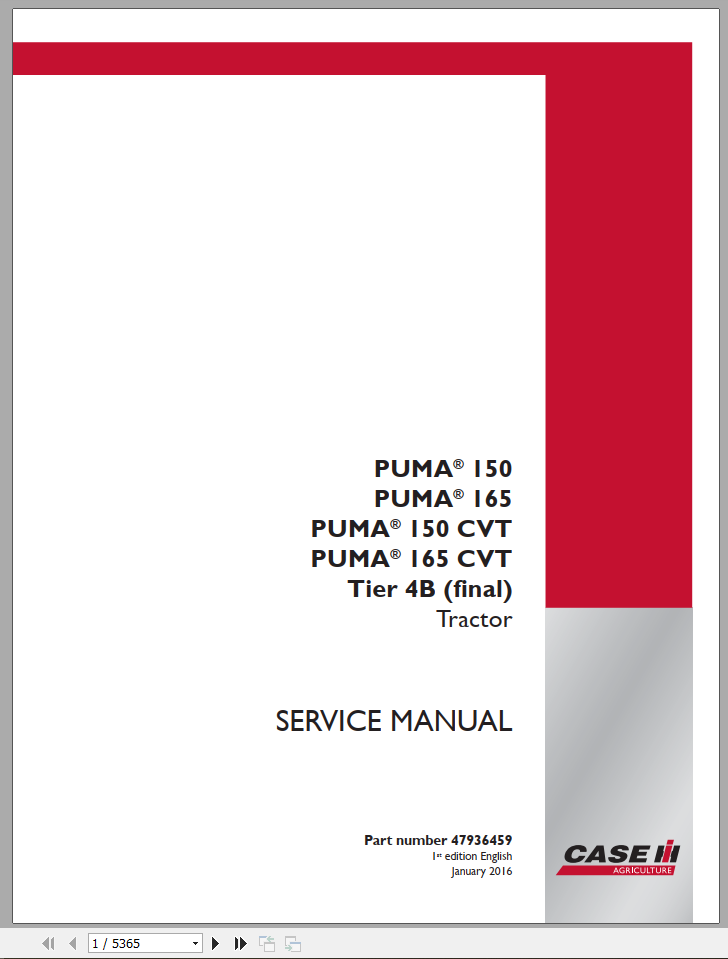 CASE Tractor Puma 150, 165 CVT Tier 4B Service Manual