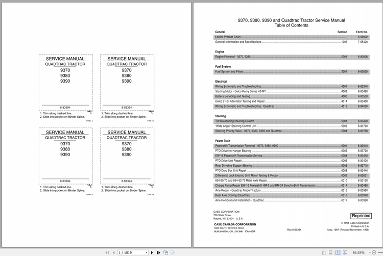 CASE TRACTOR QUADTRAC 9370, 9380, 9390 SERIES SERVICE MANUAL 8-83394R0 - PDF FILE