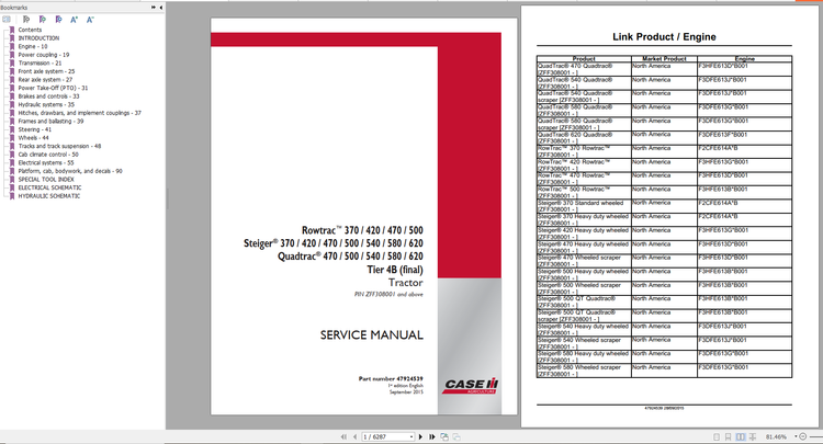 CASE TRACTOR ROWTRAC STEIGER QUADTRAC 370, 420, 470, 500, 540, 580, 620 TIER 4B SERVICE MANUAL - PDF FILE