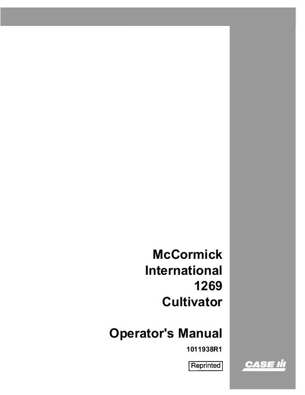 Case IH 1269 McCormick For Cultivator Operator's Manual 1011938R1 - PDF File Download
