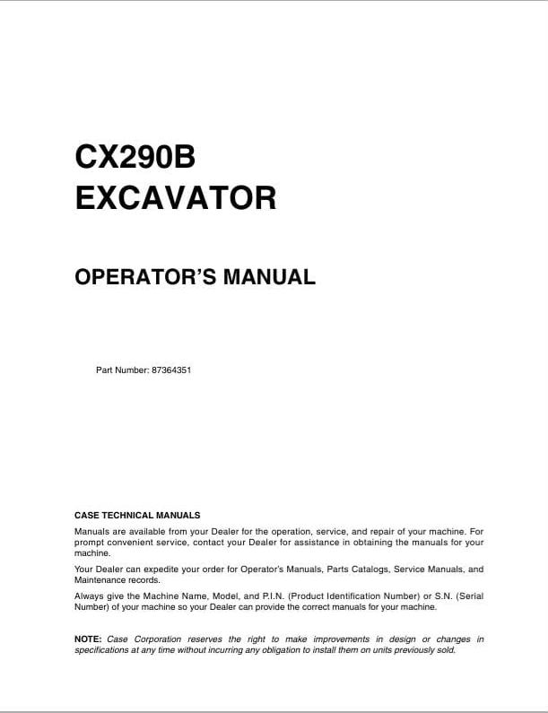 Case Excavator CX290B Operator Manual PDF