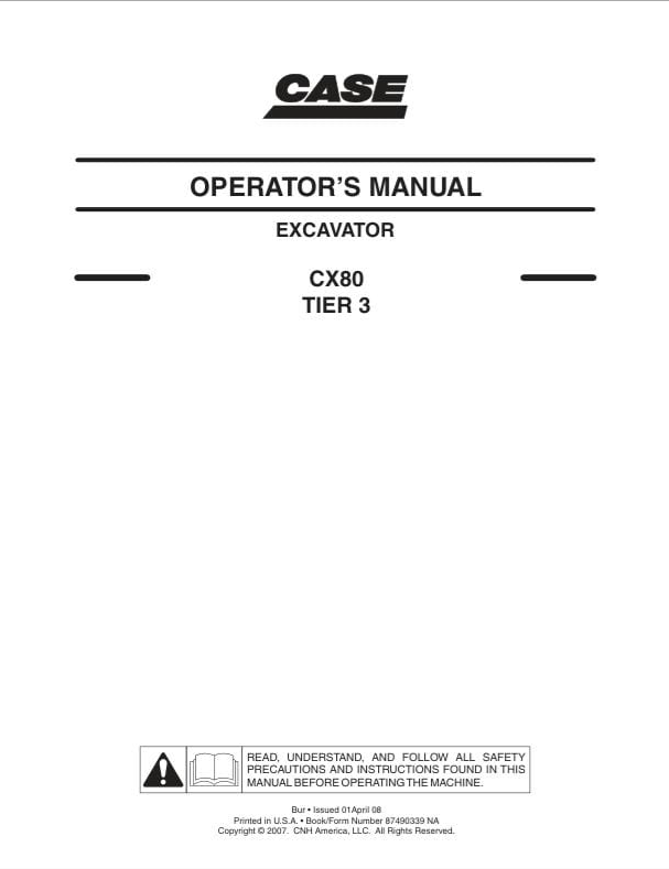 Case Excavator CX80 Tier 3 Operator Manual PDF