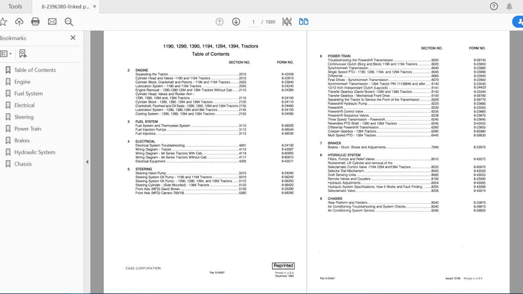 CASE IH TRACTOR 1190, 1290, 1390, 1194, 1294, 1394 TRACTOR COMPLETE SERVICE MANUAL 8-23963R0 - PDF FILE